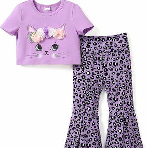 Girls Clothes 2Pcs  Short Sleeve Crop Top Floral Girl Bell Bottom Summer Outfit